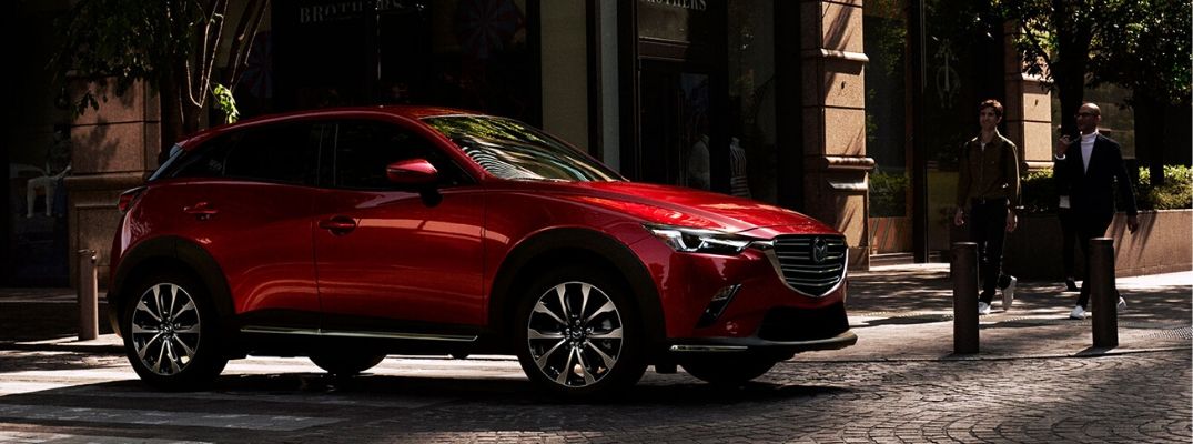 Exterior view of a red 2019 Mazda CX-3