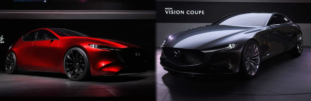 2018 Mazda Kai Concept Exterior Passenger Side Front Angle and Vision Coupe Exterior Driver Side Front Angle at the Tokyo Motor Show