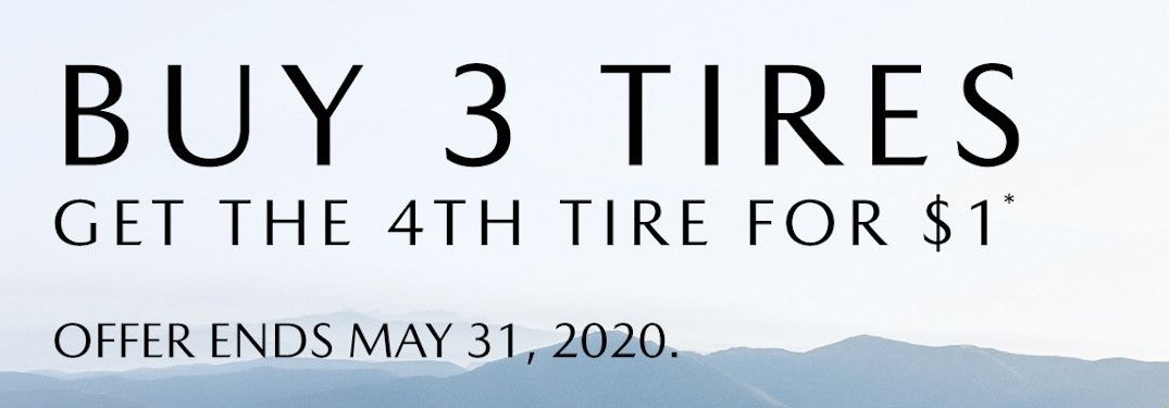 A Mazda tire special image with the caption "Buy 3 Tires get the 4th Tire for $1" in front of mountains in the distance.