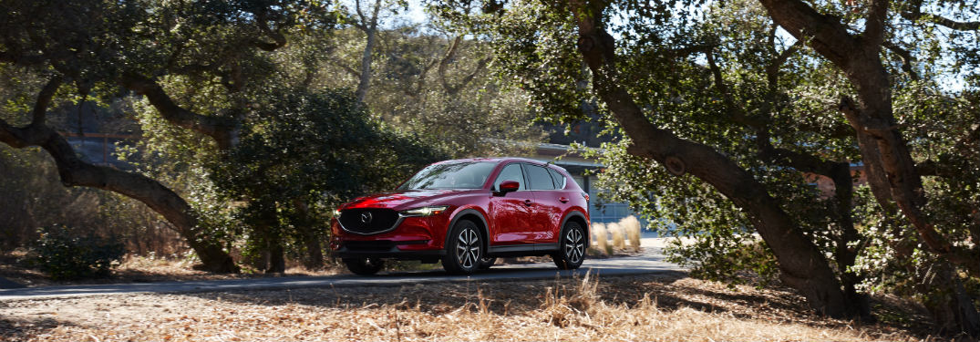 front and side view of red 2018 mazda cx-5 on road under trees