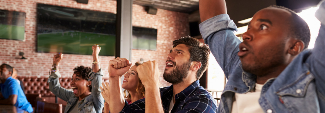 group of people at bar cheering at sports on tv