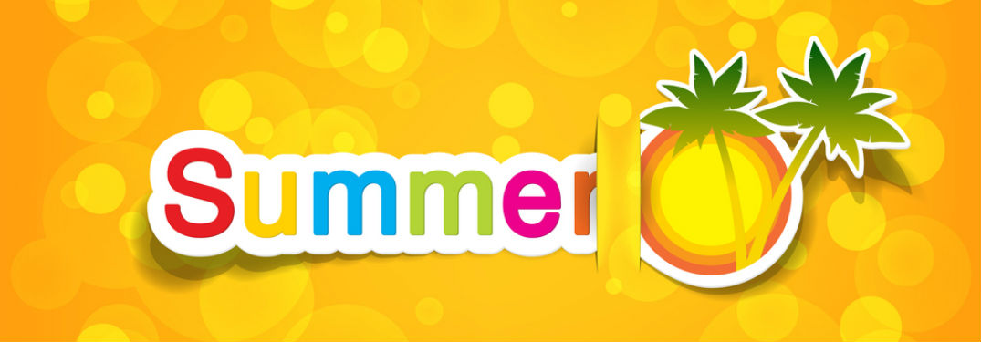 Summer written in various bring colors next to a sun and palm trees against a bright orange background