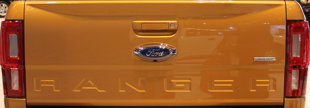 close up of the tailgate of a yellow 2019 Ford Ranger