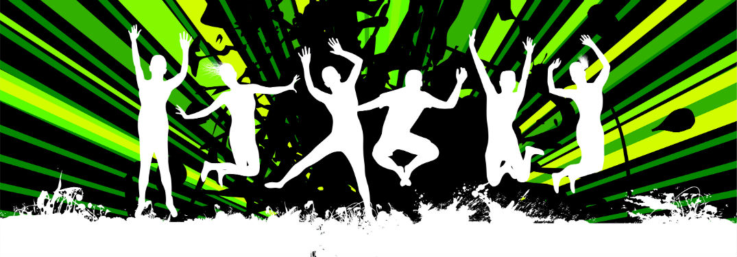 white shadows of people dancing against a black and neon green background