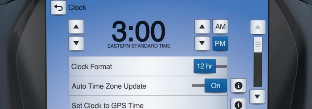 Ford SYNC 3 touchscreen system showing the clock setting