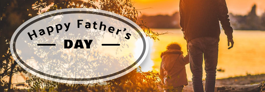 Dad Holding Hands with Child at Sunset on the Beach with White Circle and Black Happy Father's Day Text