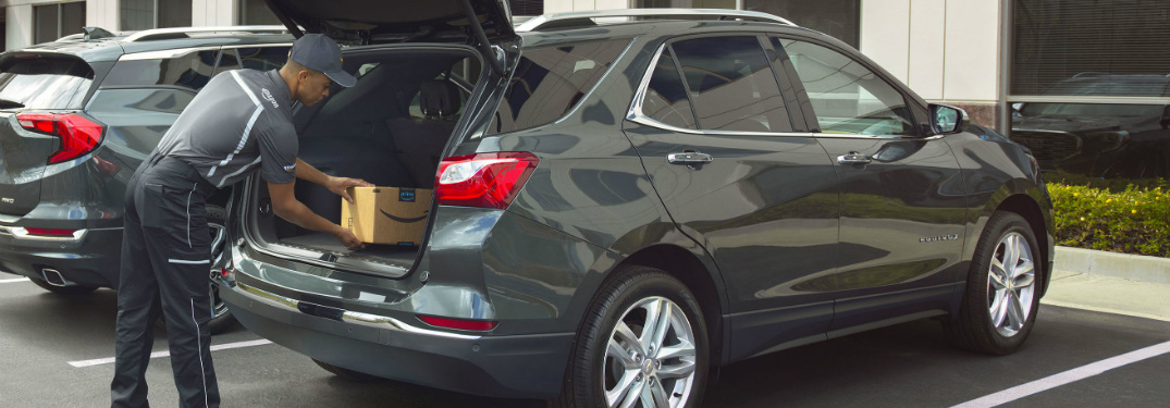 Amazon delivery driver placing package in the trunk of SUV in public parking lot