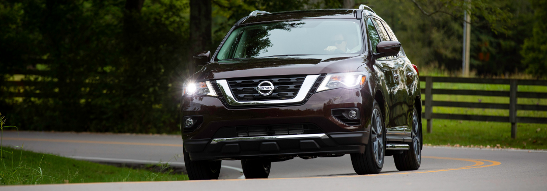 front view of maroon 2019 nissan pathfinder