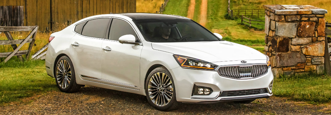 white 2018 kia cadenza at entrance of farm on dirt road