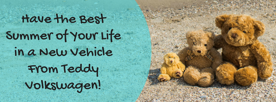Family of teddy bears at a sandy beach