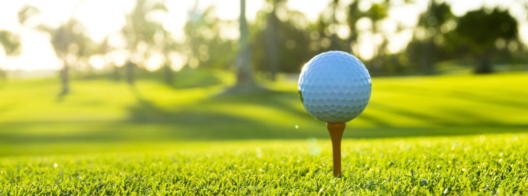 a clean white golf ball sitting on a tee in the middle of green golf course with a shining sun