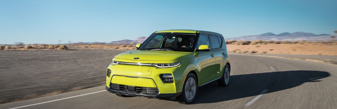 2021 Kia Soul EV driving in the desert