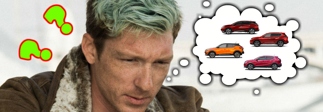 man thinking about nissan crossovers with question marks floating around him
