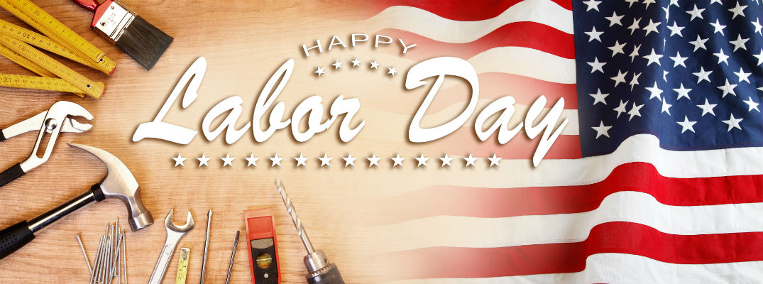 Happy Labor Day message with flag and tools
