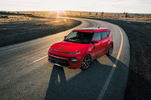 Red 2020 Kia Soul parked on road from exterior front drivers side