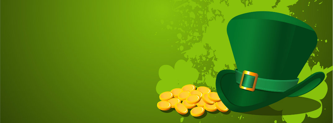 a St. Patrick's Day leprechaun hat with a pile of gold and splashes of green paint shaped like shamrocks behind it