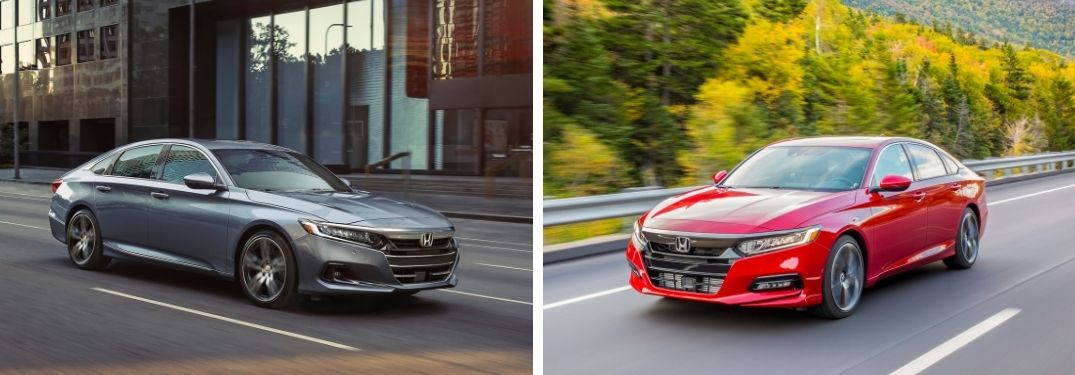2021 Honda Accord Touring in gray and 2020 Honda Accord Sport in red