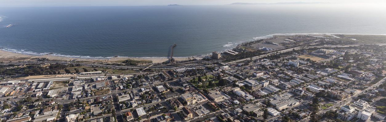 Aerial view of downtown Ventura and the Pacific Ocean in Southern California.