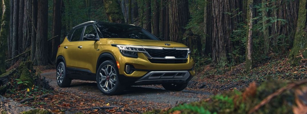 Exterior view of a gold 2021 Kia Seltos