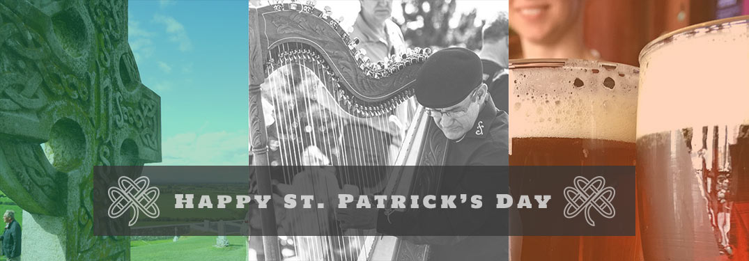 Happy St. Patrick's Day title with images of a headstone, a harp, and glasses of beer