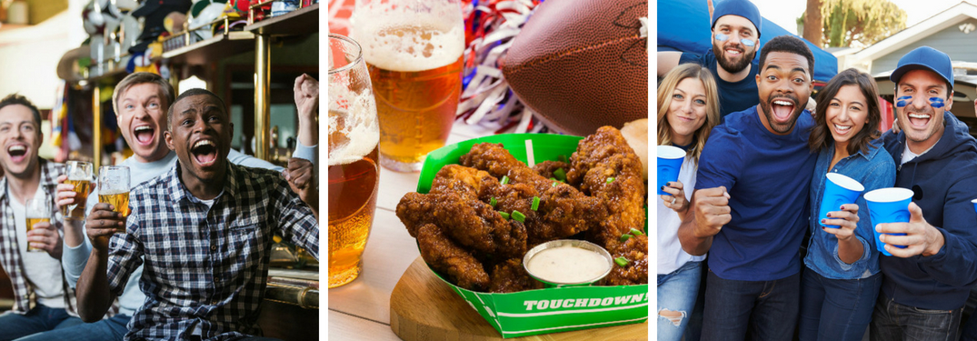 Fans Cheering in a Sports Bar, Close Up of Beer and Wings on a Table at a Sports Bar and Fans at a Tailgate Party