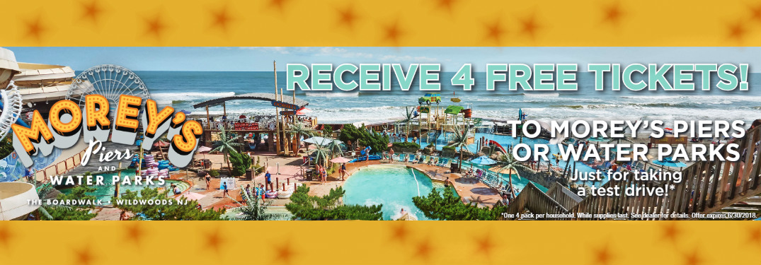 overhead view and logo of Morey's Piers and Water Parks with text that says "Receive 4 free tickets to Morey's Piers or Water Parks just for taking a test drive! One 4 pack per household. While supplies last. See dealer for details. Off expires 6/30/2018."