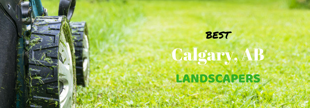 Best Calgary, AB Landscapers, text on a closeup image of a lawnmower cutting grass