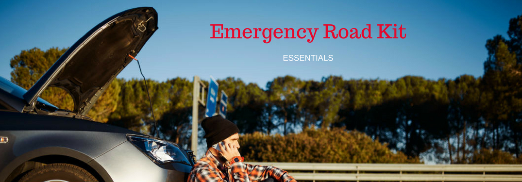 Emergency Road Kit Essentials, text on an image of a man calling for help in front of his broken down car