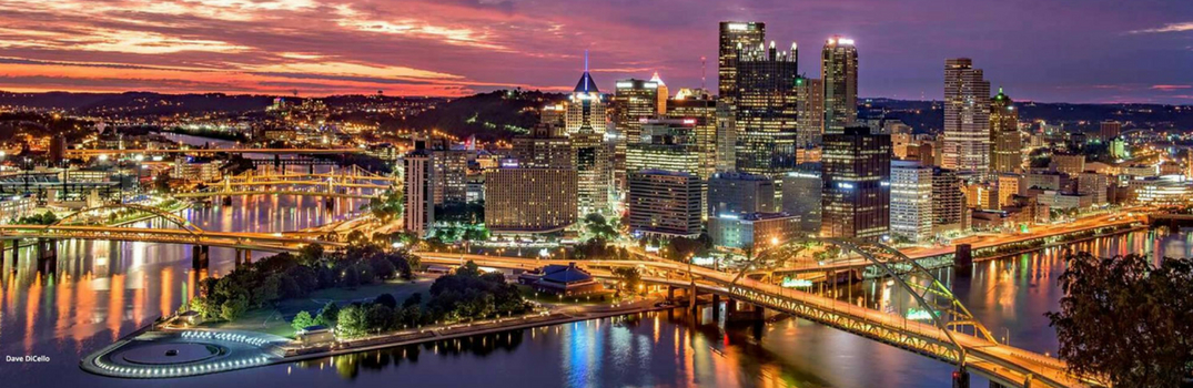Sky view of Pittsburgh PA at night