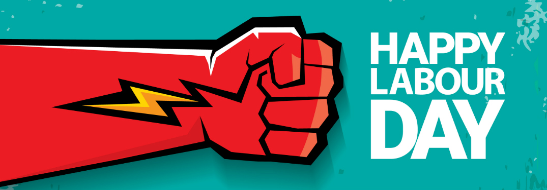Happy Labour Day Title and a Red Arm with a Lightning Bolt Tattoo