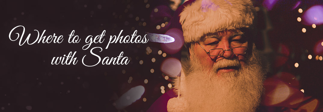 An image of Santa Claus with the words "where to get pictures with Santa"