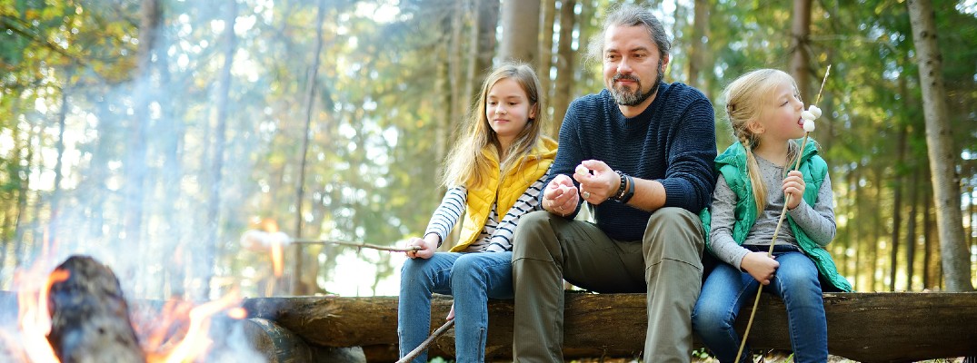A stock photo of a father and two children camping.
