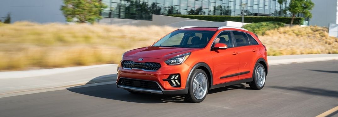 2020 Kia Niro hybrid exterior front fascia driver side with field and building