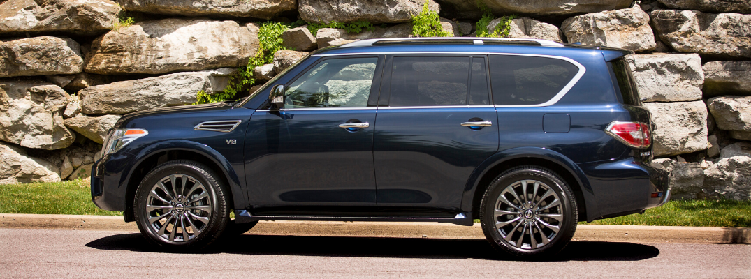 Side view of blue 2020 Nissan Armada
