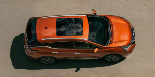 Aerial view of orange 2020 Nissan Murano with dual panel panoramic moonroof