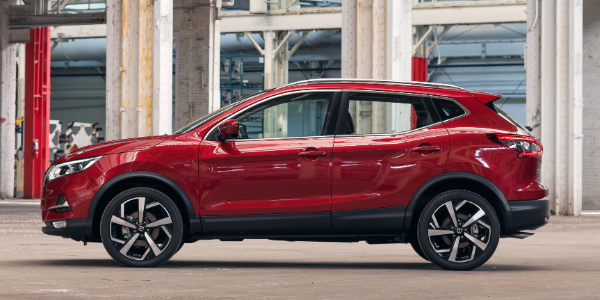 Side view of red 2020 Nissan Rogue Sport