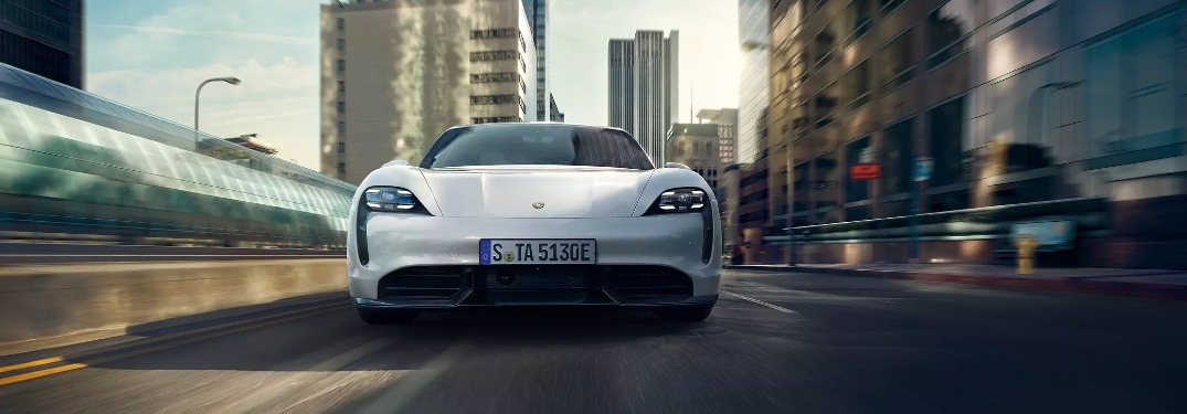 2020 Porsche Taycan driving toward camera