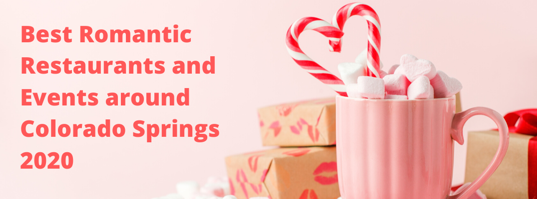 Pink mug with heart-shaped candy cane and "Best Romantic Restaurants and Events around Colorado Springs 2020" red text