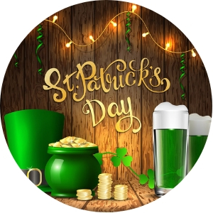 Circle image of green beer with "St. Patrick's Day" gold text