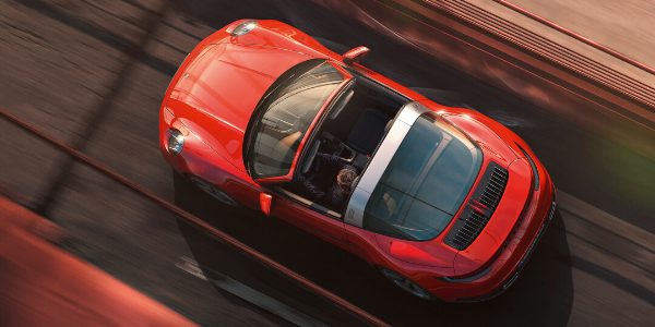 Overhead view of red 2021 Porsche 911 Targa