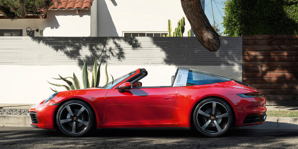 Red 2021 Porsche 911 Targa with roof down