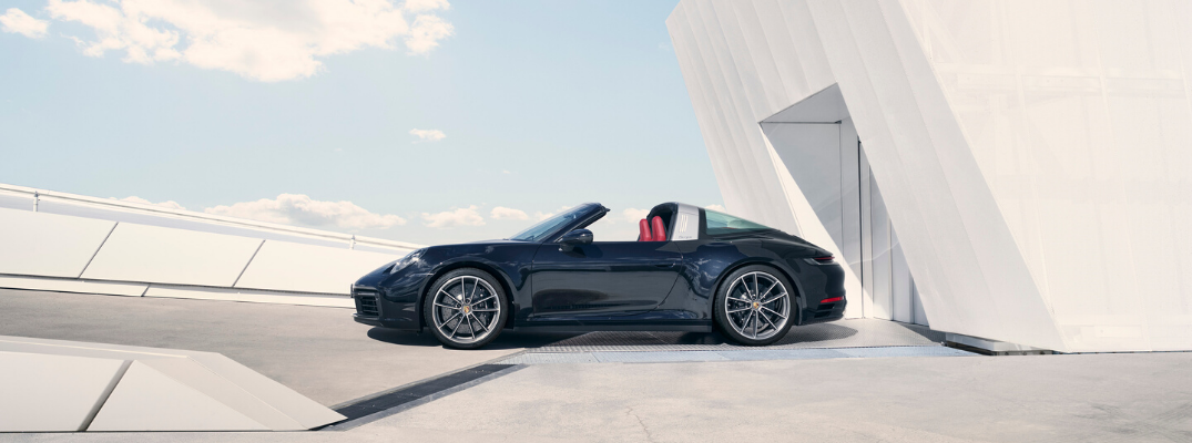 Black 2021 Porsche 911 Targa with roof down