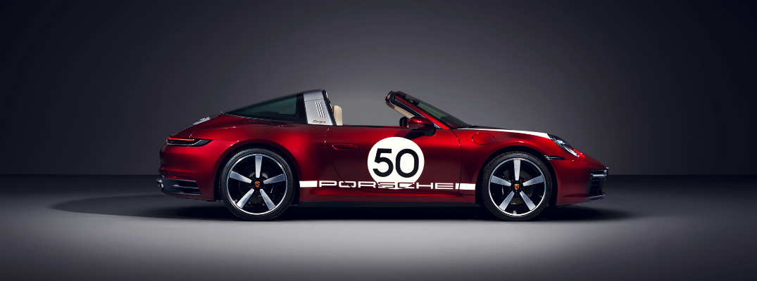 Side view of red 2021 Porsche 911 Targa 4S Heritage Design Edition
