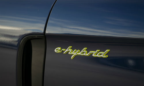 Closeup of E-Hybrid badge on 2021 Porsche Panamera 4S E-Hybrid