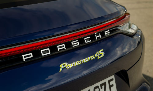 Closeup of rear badge on 2021 Porsche Panamera 4S E-Hybrid