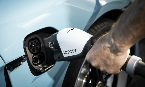 Closeup of 2021 Porsche Taycan charging
