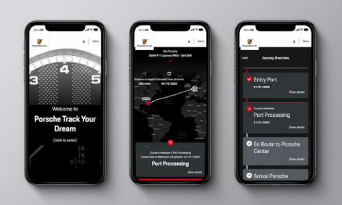 Three smartphones with Porsche Track Your Dream screens open