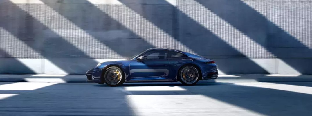 Profile view of blue 2021 Porsche 911