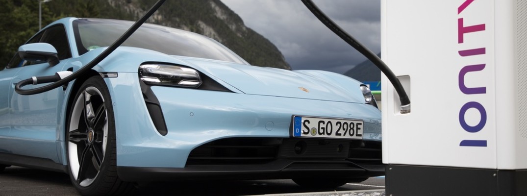 Blue 2021 Porsche Taycan charging