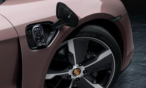 Closeup of charging port on 2021 Porsche Taycan